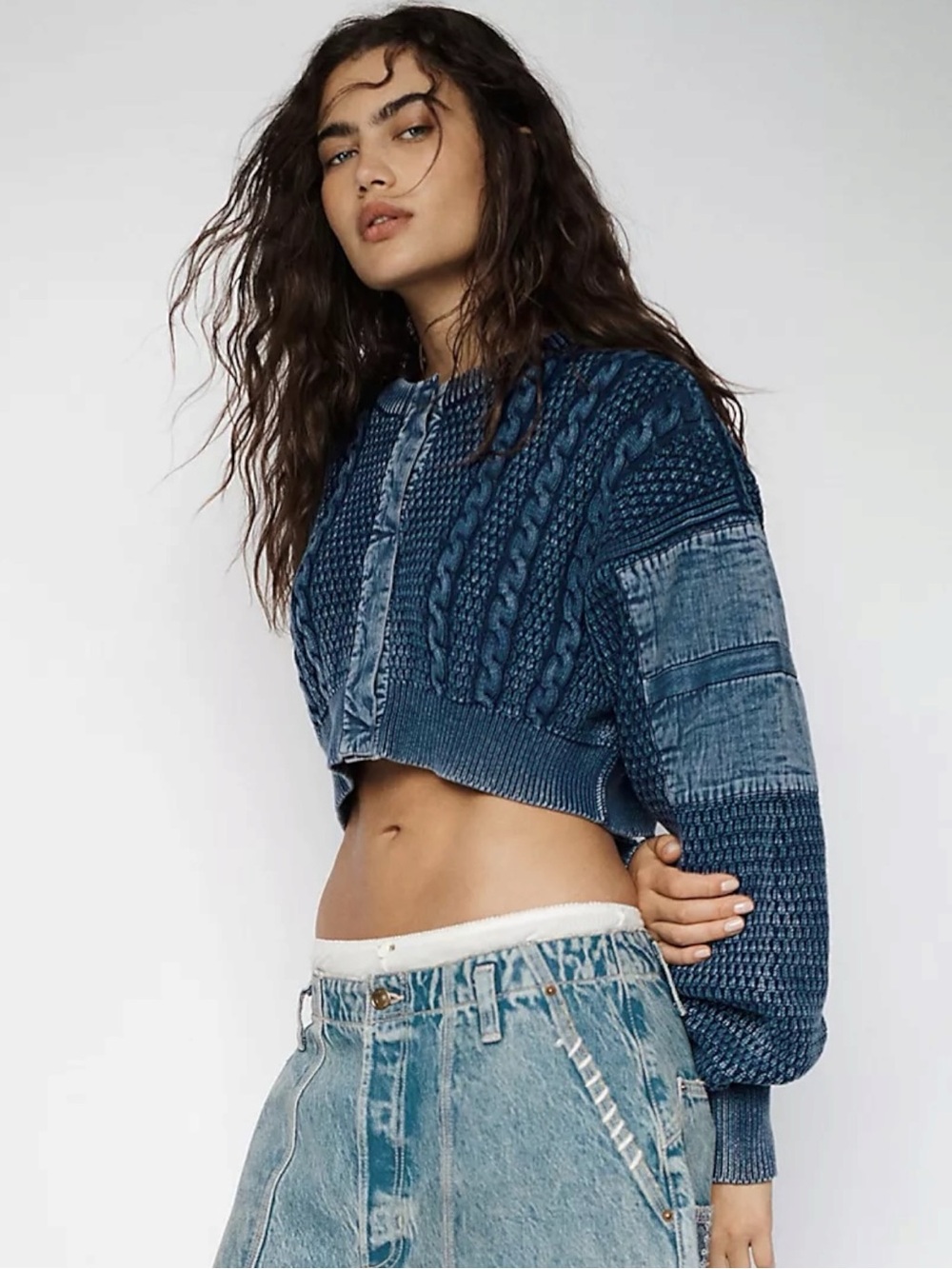 Free People Patchwork Chunky Cable Knit Heritage Cardi Cardigan Sweater Small